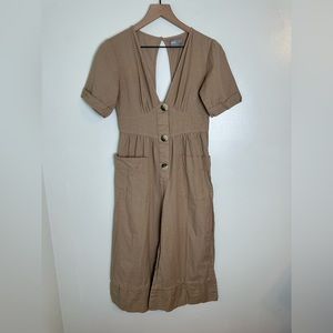 ASOS V-Neck Wide Leg Cotton-Linen Cropped Jumpsuit, Size 6, Tan